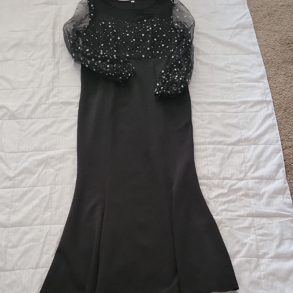 Black Sheer Sleeve Beaded Evening Dress